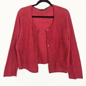 Peruvian Connection Textured Pima Cotton Red Brick Button Up Cropped Sweater, L
